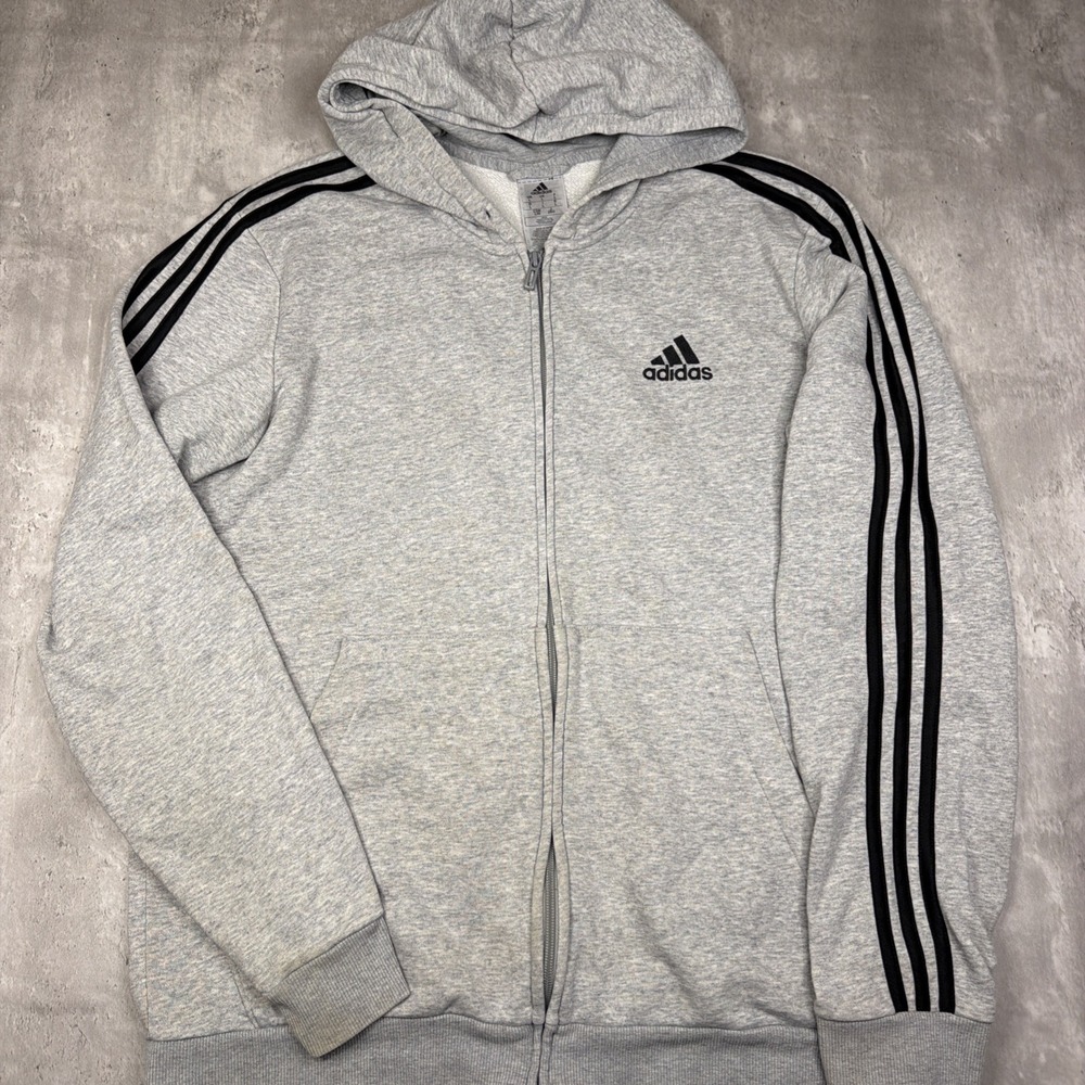 Adidas Hoodie Mens Large Gray Essentials 3 Stripes Full Zip Fleece Sweatshirt - Picture 1 of 7